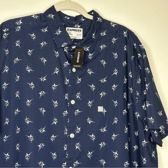 Express Button Down Shirt Navy Marlin‎ Summer Florida Short Sleeve Button Down - Picture 2 of 6